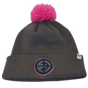 Steelers '47 Brand Women's NFL Licensed Olive Brown Pink Pom Cuff Knit Hat